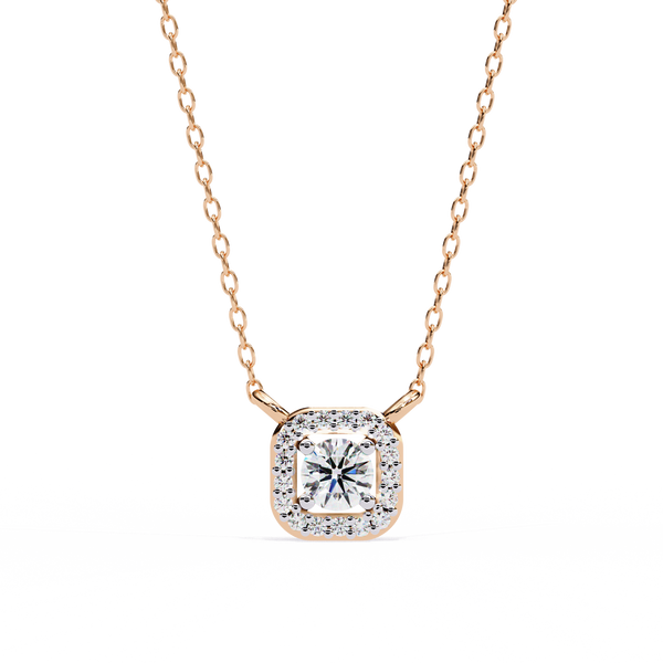 Cushion Halo Diamond Pendant with Round Brilliant Center Stone.